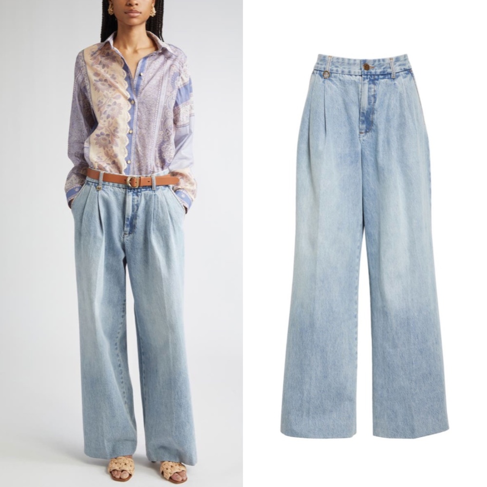Zimmermann Pleated Wide Leg Jeans Sea Foam Blue  AU 2 4 US 8 12 NWT Denim